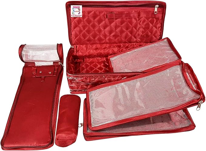 atorakushon Satin Maroon Make-Up Pouch Jewellery Box 4 Pouch 1 roll Bangle in Cosmetic Bag Necklace Earrings Vanity Jewellery Organiser For Women's