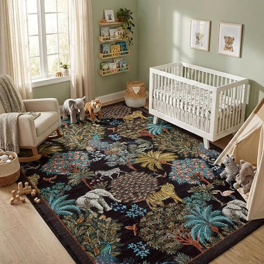 GarveeHome Jungle Animal Print Rug 6x9 Washable Area Rugs for Living Room, Forest Rug Non Slip Low Pile Stain Resistance Large Throw Carpet for Bedroom Dining Room Kids Playroom Nursery, Black