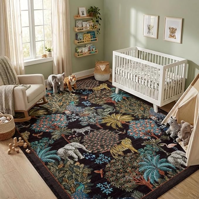 GarveeHome Jungle Animal Print Rug 5x7 Washable Area Rugs for Living Room, Forest Rug Non Slip Low Pile Stain Resistance Large Throw Carpet for Bedroom Dining Room Kids Playroom Nursery, Black