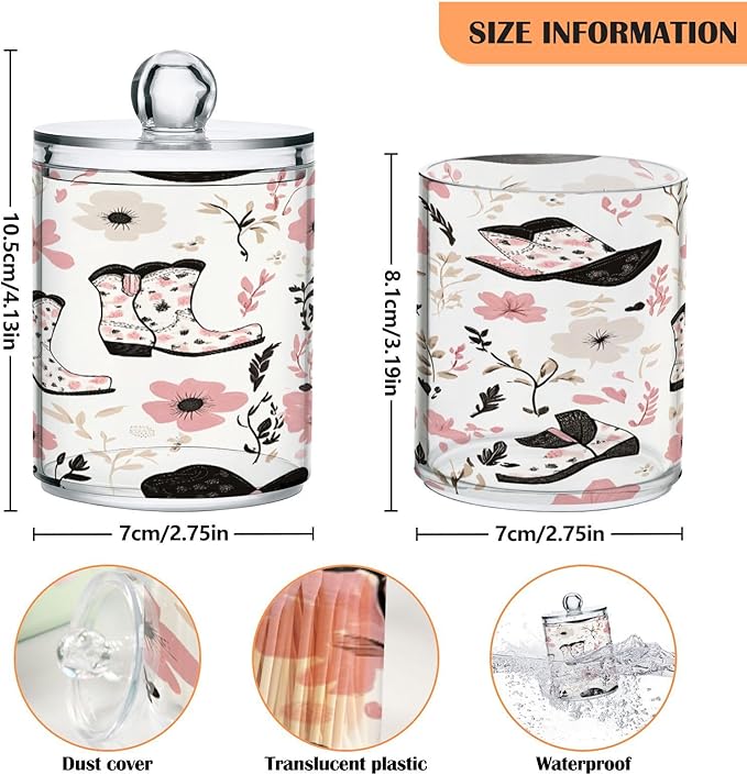 Nander 2Pack Beautiful Cow Style Cowboy Boots Qtip Holder Dispenser -Clear Plastic Apothecary Jars Set - Restroom Bathroom Makeup Organizers Containers for Cotton Swab, Ball, Pads, Floss