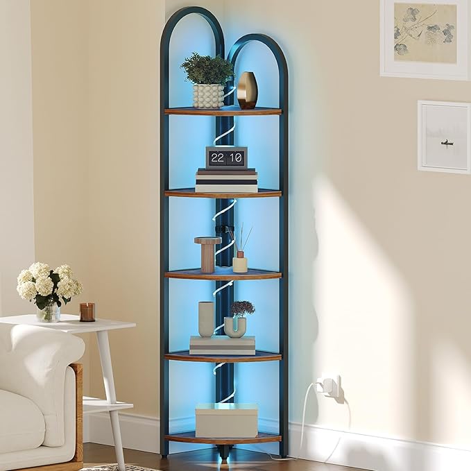 MAHANCRIS 5-Tier Corner Shelf with LED Light, 64.6'' Arched Corner Bookshelf, Narrow Storage Shelf with Metal Frame, for Living Room, Bedroom, Small Spaces, Rustic Brown and Black CSHR55101