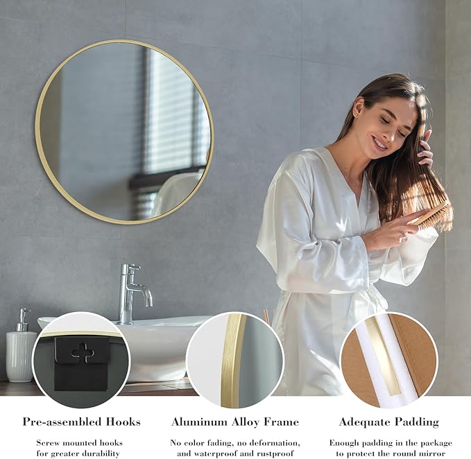Sweetcrispy 24 Inch Round Wall Mirror with Tempered Glass, Bathroom Mirror Over Sink, Anti-Fog & Waterproof Round Mirror for Bathroom, Entryway, Bedroom, Shatterproof Design, Gold
