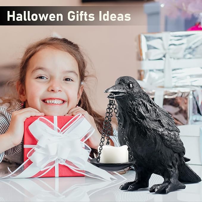 Gothic Crow Lamp with Tealight Candle Holder Resin Raven Decor Statue Gothic Home Decor for Bedroom Unique Goth Gifts Wearing Silver