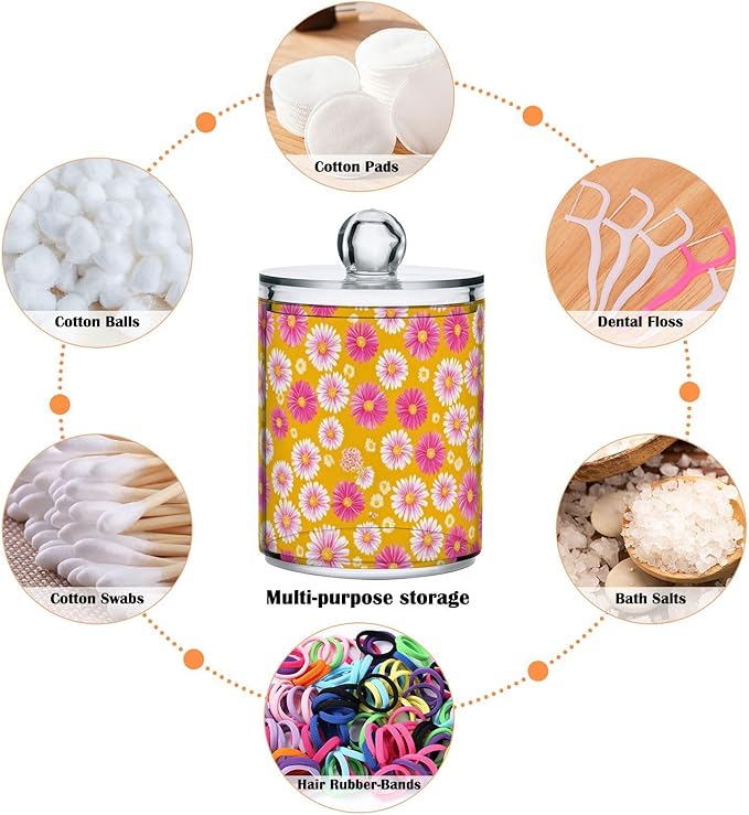 2 Pack Apothecary Jars Small Daisies in Pink Bathroom Vanity Storage Organizer Set,Small Clear Plastic Storage Jars Bathroom Canister for Cotton Swabs, Rounds, Balls, Qtips,Makeup Sponges, Flos