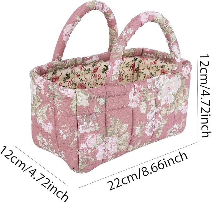 Small Storage Basket Organizer, Mini Quilted Fabric Basket with Handle, Collapsible Storage Bin for Socks, Keys, Diapers