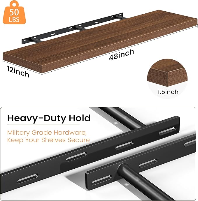 48 Inch Floating Shelves, 12 Inch Deep Wall Shelves, 48 x 12 Floating Shelf Set of 2, Walnut Rustic Wood Floating Shelf Wall Mounted for Large Kitchen Living Room Bedroom Bathroom Storage