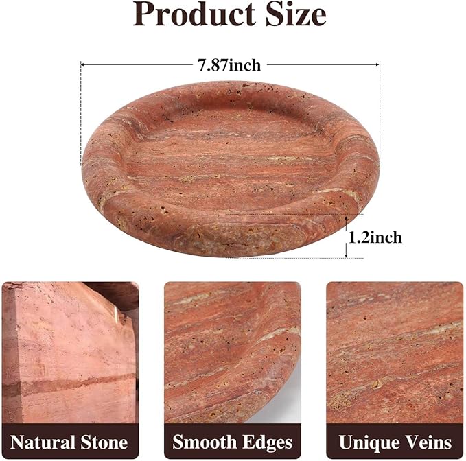 Red Travertine Makeup Organizer Tray - 8inch Round Decorative Storage Tray for Jewelry, Perfume, and Cosmetics | Natural Stone Vanity Tray for Bathroom, Bedroom, Coffee Table