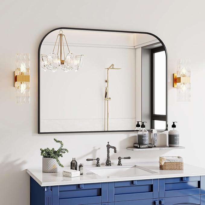 Black Arched Top Wall Mounted Mirror - 38 x 30 Inch Round Cruved Top Bathroom Vanity Mirror, Aluminum Metal Framed, Home Decor for Living Room, Bedroom, Fireplace, Mantle, Entryway