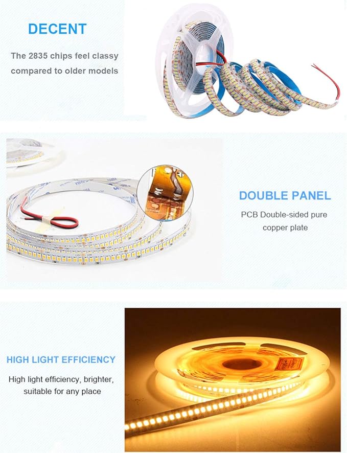SUYOOULIN LED Strip Lights, SMD 2835 LED Strip Warm White 3000K, DC12V 1200LEDs 16.4Ft 26000LM High Density LED Light Strips Waterproof IP65, 3 Times Brightness Than SMD3528 LED Strip
