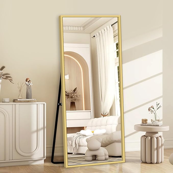 GlasFlength Full Length Mirror with Stand, 64"x21" Full Body Mirror with Aluminum Alloy Frame, Wall-Mounted/Leaning Against Wall/Standing Floor Mirror for Bedroom, Living Room, and Entryway