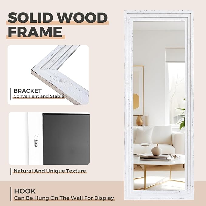 65"x24" Full Length Mirror Solid Wood Frame Floor Mirror for Living Room, Bedroom Hanging or Leaning, White