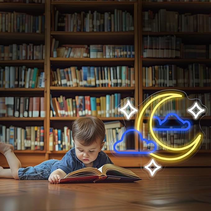 Moon Star Cloud Neon Sign - Moon Star Cloud LED Light for Kids, Teens, Baby Bedroom, Game Room Wall Decor - Dimmeable Premium USB Powered Neon Night Light with On/Off Switch - 14x13-Inch