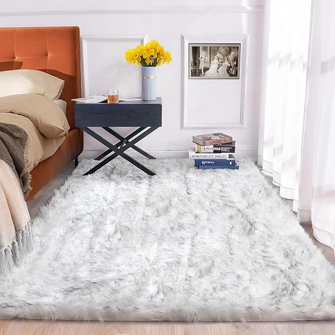 ORINOVA White and Gray Furry Carpet for Bedroom Fuzzy Faux Sheepskin Washable Fur Area Rugs for Living Room Rug 4x6 Rectangle Nursery Rug