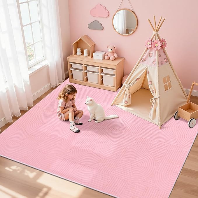 Pauwer Pink Area Rug for Girls Bedroom 8x10 Soft Fluffy Non Slip Machine Washable Rugs Arch Modern Indoor Mat Fuzzy Floor Carpet for Kids Nursery Living Room Dorm Playroom Dining Baby Home Decor