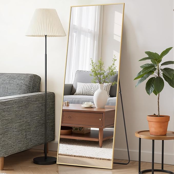 Mirror Full Length 59"x16" Full Body Floor Mirror with Stand, Shatterproof Glass, Aluminum Alloy Frame, Free Standing Wall Mounted or Leaning Rectangle Mirrors for Bedroom Living Room Entryway