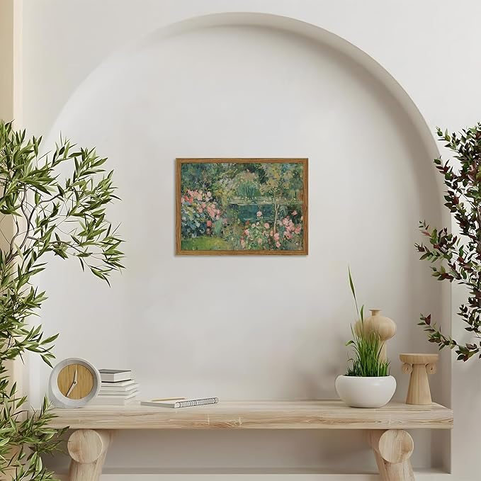 Framed Vintage Floral Landscape Canvas Wall Art, Rose Garden Pond Wall Decor Paintings, Rustic Cottagecore Nature Plant Pictures Prints Aesthetic Home Decor for Living Room Bedroom Bathroom 12x16 inch