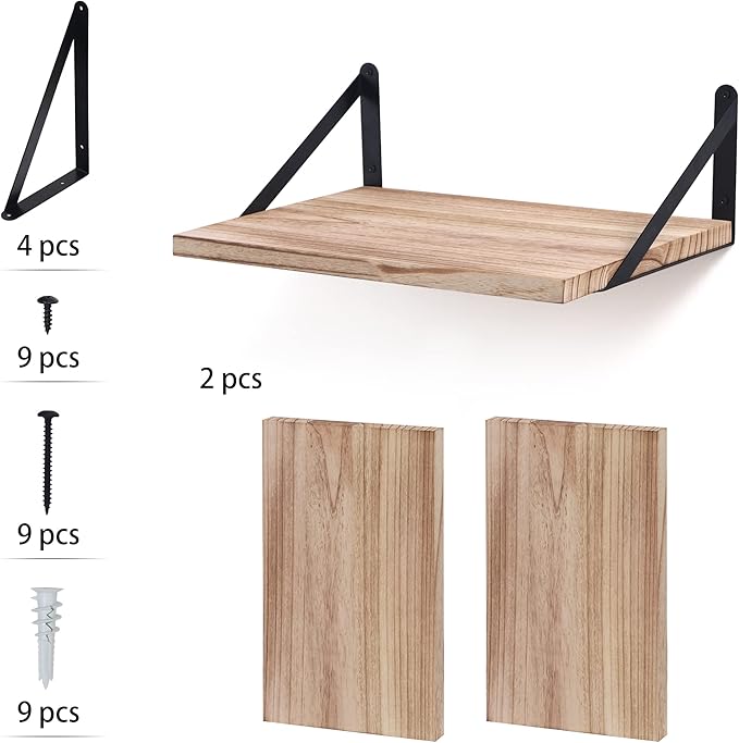 Marsmiles Floating Shelves for Wall - 16 Inch Wide x 12 Inch Deep Wood Wall Shelves Set of 2-16W x 12D Rustic Wide Wooden Shelves for Bedroom Kitchen Living Room