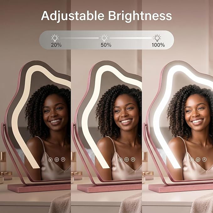 Makeup Mirror with Lights - 17″ Cloud Shaped Smart Touch 3-Color Dimmable 360° Rotation Memory Metal Frame Plug-in AC Power Tabletop Vanity Mirror Gift for Women Teen Girls Rosegold