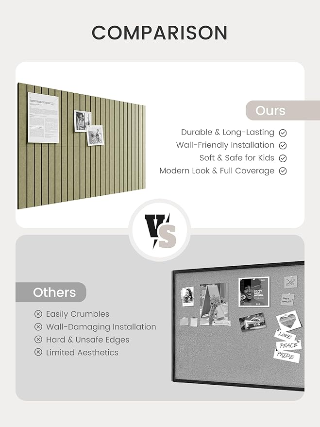 Bumusty Large Cork Board Alternative-36 x 24" Felt Bulletin Board Tiles, with 30 Pushpins, 40 Adhesive Tabs, Fine-Stripe 6-Pack, Cork Boards for Office Push Pin Board Felt Board-Olive Green