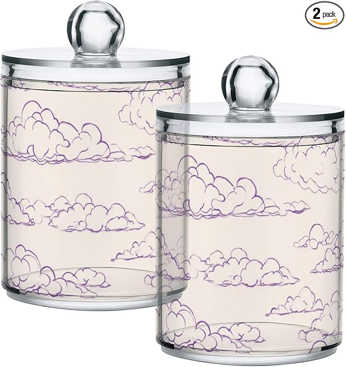 2 Pack Apothecary Jars Watercolore Purple Cloud Shape Bathroom Vanity Storage Organizer Set,Small Clear Plastic Storage Jars Bathroom Canister for Cotton Swabs, Rounds, Balls, Qtips,Makeup Spon