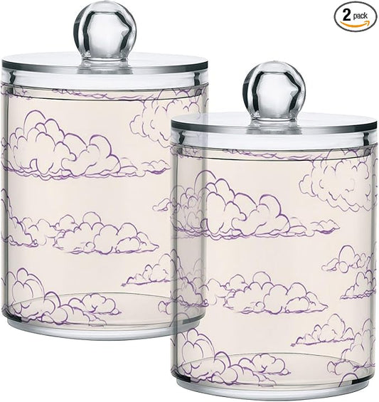 2 Pack Apothecary Jars Watercolore Purple Cloud Shape Bathroom Vanity Storage Organizer Set,Small Clear Plastic Storage Jars Bathroom Canister for Cotton Swabs, Rounds, Balls, Qtips,Makeup Spon