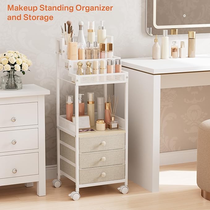 Makeup Organizer Storage Cart with Drawers, 13 Inch Large Rolling Skincare Organizer Cart, 3-Tier Vanity Organizer Stand for Cosmetics, Nail Polish, Perfume, Bathroom and Bedroom, White