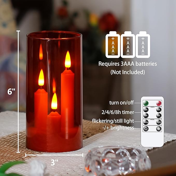 3 in 1 Flameless Taper Short Candles with 10 Key Remote Control and Timer, Battery Operated Pack of 2 LED Acrylic 3" x6" Red Pillar Flickering Warm Light