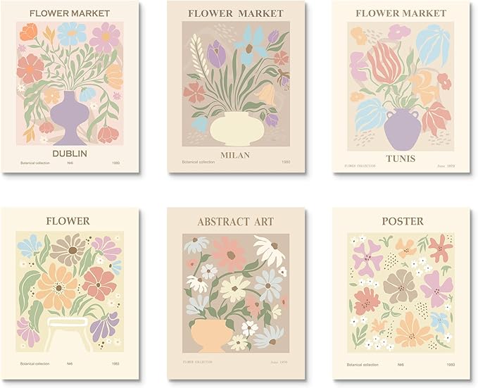 Habseligkeit Danish Pastel Wall Art Prints, Flower Market Retro Posters, Vintage Floral Art Prints, Cute Matisse Room Decor Aesthetic for Bedroom Wall Decor（11x14inch, Unframed