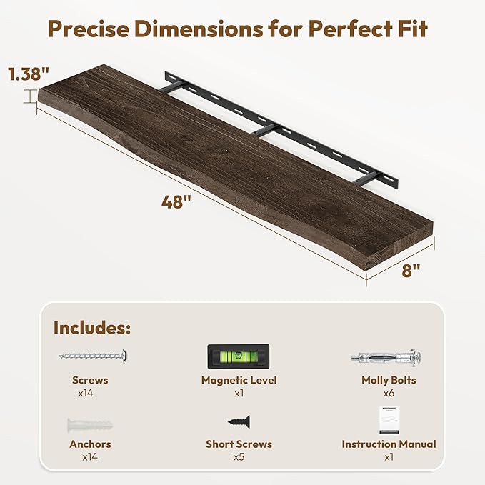 Vivelove Live Edge 48 Inches Floating Shelves for Wall, Elm Wood, Rustic Farmhouse Wall Shelf with Invisible Bracket for Living Room Bedroom Bathroom Office Book - Set of 1 - Dark Walnut