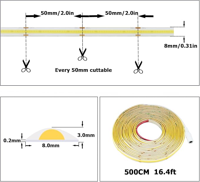TOPAI 24V COB LED Strip Warm White 3000K Outdoor Waterproof 16.4ft Super Bright 4000Lm CRI>90 Self Adhesive Uniform Dotless 480LEDs/M Cuttable Flexible for Home,Office DIY Lighting Project