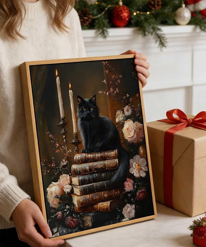 Framed Dark Academia Moody Wall Art Victorian Black Cat Wildflower Book Floral Wall Decor Picture Gothic Vintage Antique Aesthetics Poster Prints for Gallery Library Bookstore Decoration 8x10in