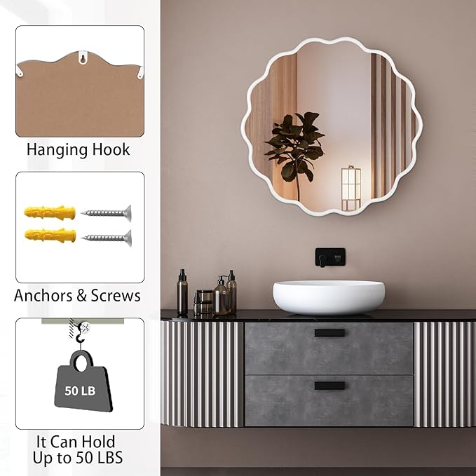 White Round Wavy Mirror for Wall 22 inch Nursery Mirror Decorative Metal Circle Mirrors Scalloped White Hanging Mirror for Bathroom,Bedroom, Dresser, Living Room,Entryway