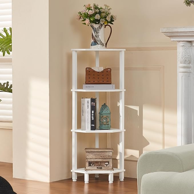 YUFAM 4-Tier Corner Shelf with Sturdy 5-Leg Base, 42in Tall Narrow Bookcase for Small Spaces, Wooden Plant Display Shelf, Thin Bookshelf for Living Room, Bedroom, Office, White