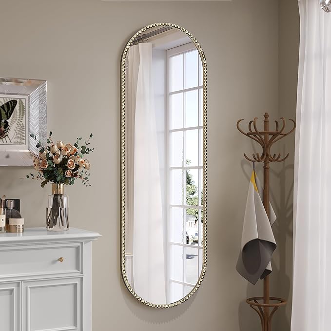 Champagne Bronze Bathroom Mirror with Beaded, 16"x48" Oval Full Length Mirror for Wall Decorated, Gold Vintage Bead Mirrors with Brass Frame for Bedroom,Living Room,Hallway,Fireplace