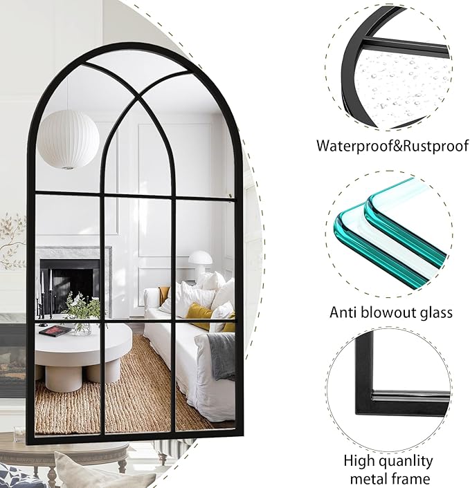 Rowjut Arched Wall Mirror 42" x 24" Window ＆ Wall Decorative Mirror, Iron Framed Window Pane Mirrors, Arched Top Wall Mirror for Entryway Living Room, Bedroom, Fireplace (Black)