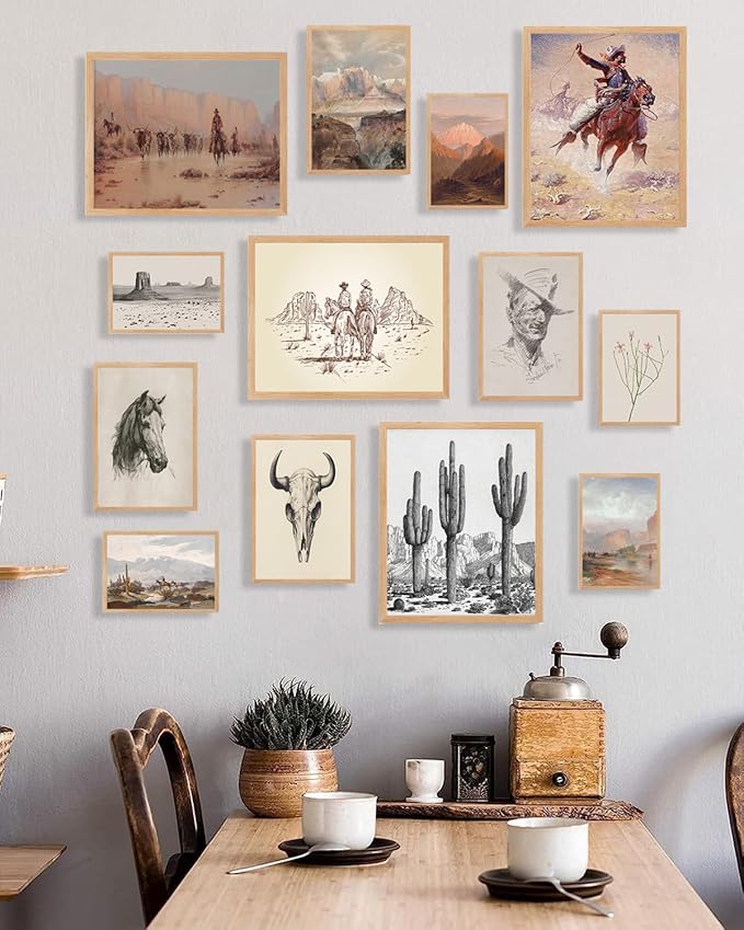 KBKBART Vintage Western Wall Art Prints, Farmhouse Western Cowboy Canvas Pictures, Southwestern Boho Ranch Desert Wall Decor Aesthetic for Bedroom, Bathroom Decor, Southwest Prints for Home (Unframed- Set of 13)