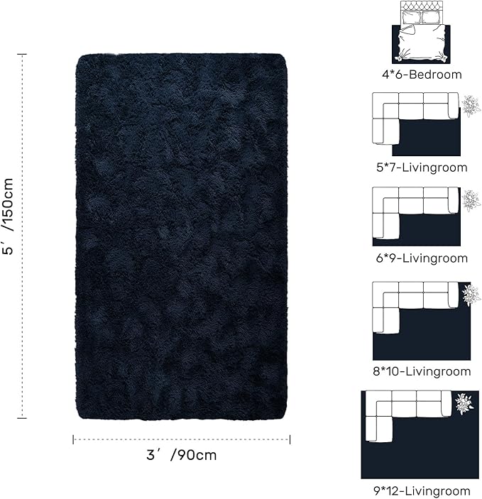 Fluffy Area Rug Blue 3x5 Rugs for Bedroom, Plush Soft Navy Blue Shag Carpet for Living Room Boys Book Room Nursery Kids Playroom Dorm Decor