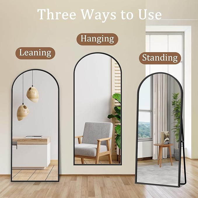GlasFlength 56" x 18" Full Length Mirror with Stand, Arched Aluminum Alloy Frame, Versatile Standing, Hanging, or Leaning Wall/Floor Mirror for Bedroom, Living Room, or Entryway, Black