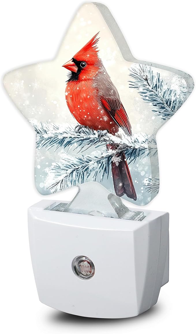 Red Cardinal Bird Nightlight,Winter Christmas Tree Star Night Lights Plug into Wall Decorations for Bedroom Bathroom,Dusk to Dawn Sensor Kitchen Hallway Stairs Energy Efficient Desk Lamp