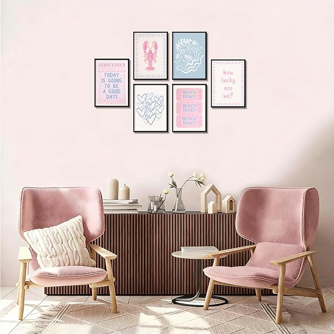 Zuowclli 6Pcs Coastal Granddaughter Wall Art Prints Pink Blue Beach Beach Preppy Wall Decor Pictures Summer Beachy Aesthetic Posters for Girly Bedroom Dorm Apartment Home Decoration Unframed 12x16in