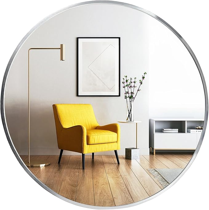 Oruii Silver Round Mirror, Silver Round Mirror 24 inch, Circle Bathroom Mirrors Metal Frame, Nickel Circle Mirrors for Wall, Over Sink, Bathroom, Living Room, Vanity, Chrome