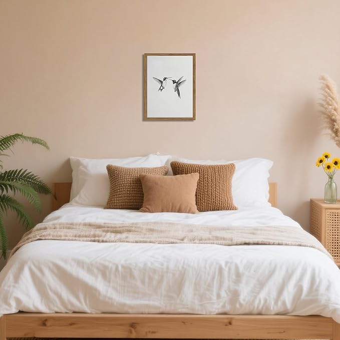 Vintage Wall Art Framed Hummingbird Canvas Print, Modern Farmhouse Birds Wall Decor, Living Room Sketch Painting Picture, Minimalist Black and White Bird Bedroom Decor – 8x10 inch
