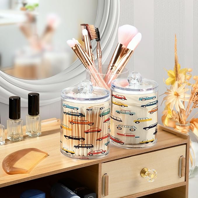Nander 4Pack Cartoon Car Qtip Holder Dispenser -Clear Plastic Apothecary Jars Set - Restroom Bathroom Makeup Organizers Containers for Cotton Swab, Ball, Pads, Floss