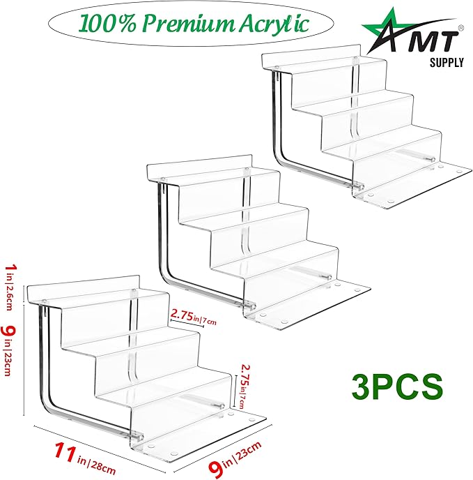 AMT Acrylic Riser Display Stand, 100% Acrylic Clear 4-Tier Organizer for Figures, Cupcake, Perfume, Sunglasses (9 inch x 2.75 inch) 3-pack