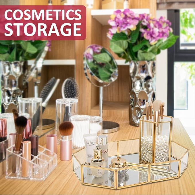 Octagon Vintage Gold Mirror Glass Vanity Tray,Ornate Geometric and Brass Plated Display Storage Organizer for Makeup Brushes/Lipstick/Skincare/Perfumes/Beauty Room/Bathroom Accessories