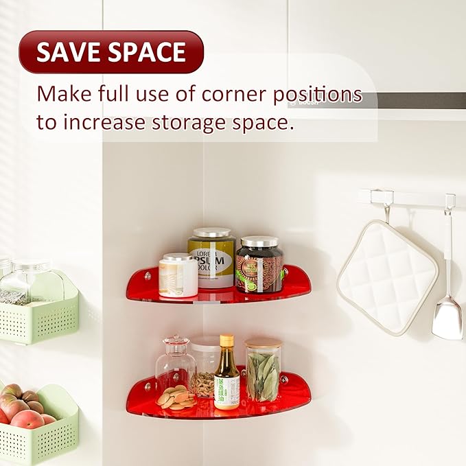 Sezanrpt 9.5x9.5 Inch Acrylic Corner Floating Shelf Set of 2, Red Corner Wall Shelf for Home Décor, Speakers, Security Cameras, Toileries, Plants, Figures, Cosmetics, Books