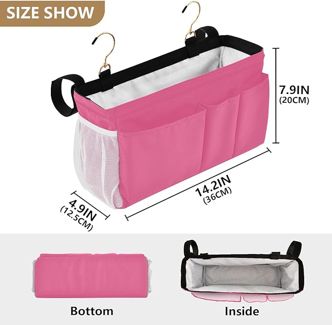 Neon Rose Red Bedside Caddy Storage Bag Bedside Organizer for Dorm Room Top Bunk Bed Hanging Bag Bedside Shelf 6 Pockets with Hooks for Magazine Water Bottle Holder