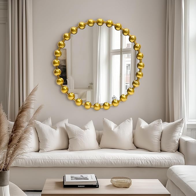 Round Gold Mirror 24'', Spherical Frame Vintage Beaded Mirror for Wall Decor Large Circle Mirror for Bathroom, Dining Roon, Bed Room, Entryway