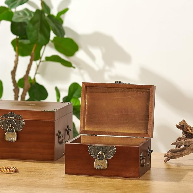 2PCS Decorative Wooden Storage Box with Lids Handmade Memory Box for keepsakes Treasure Chest Box with lock Vintage Wood Baskets Metal Handle Jewelry Desk Organizer Container, Walnut
