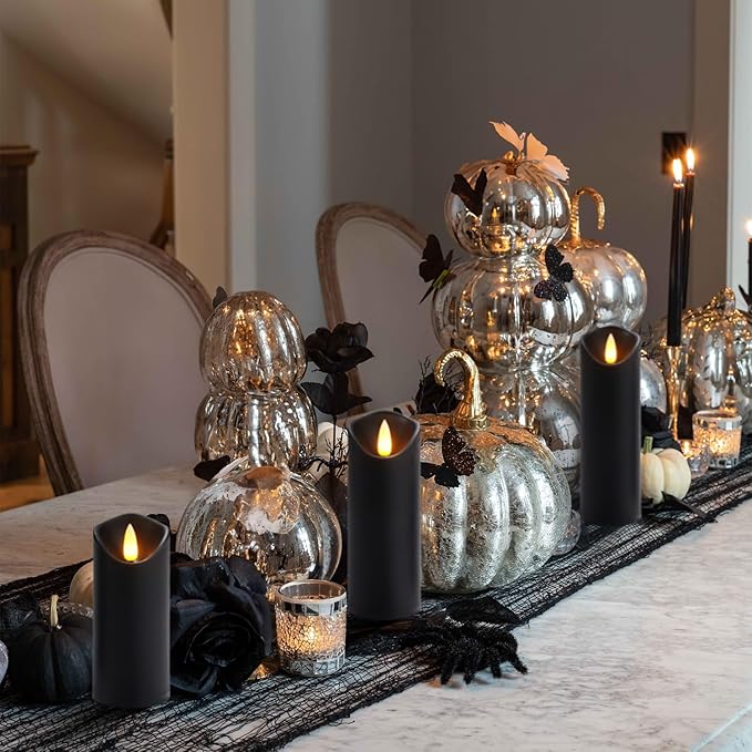 Homemory Black Flameless Candles, Halloween Candles, Battery Operated Candles, LED Pillar Candles with Remote Control and Timers, Set of 9